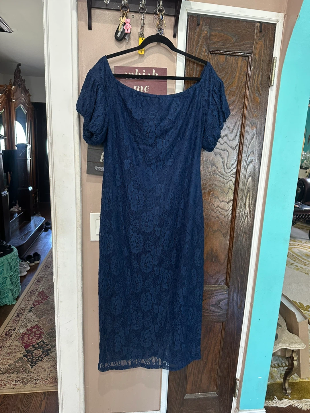 Elegant Navy Lace Midi Dress with Off Shoulder Neckline