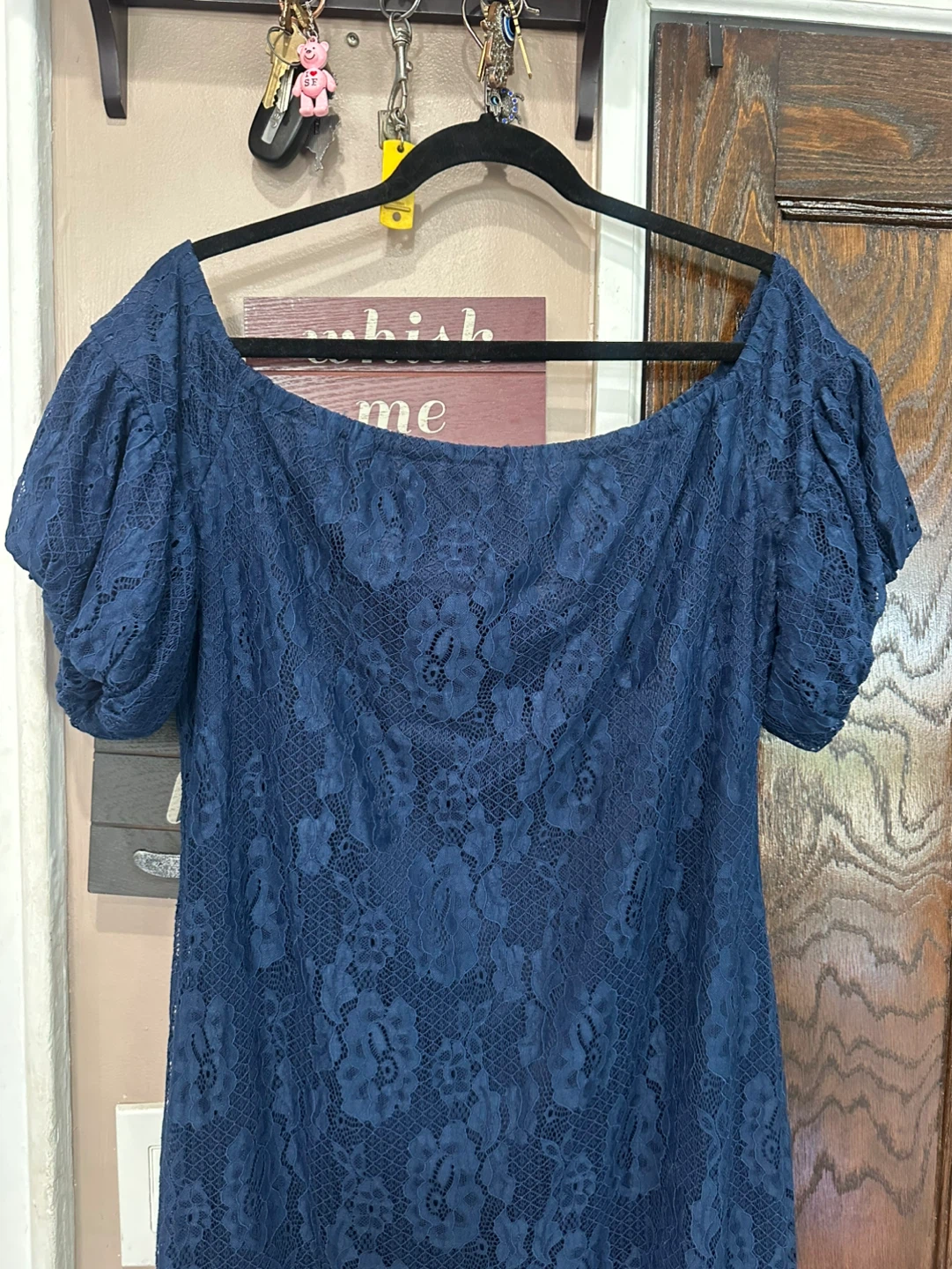 Elegant Navy Lace Midi Dress with Off Shoulder Neckline - photo 2
