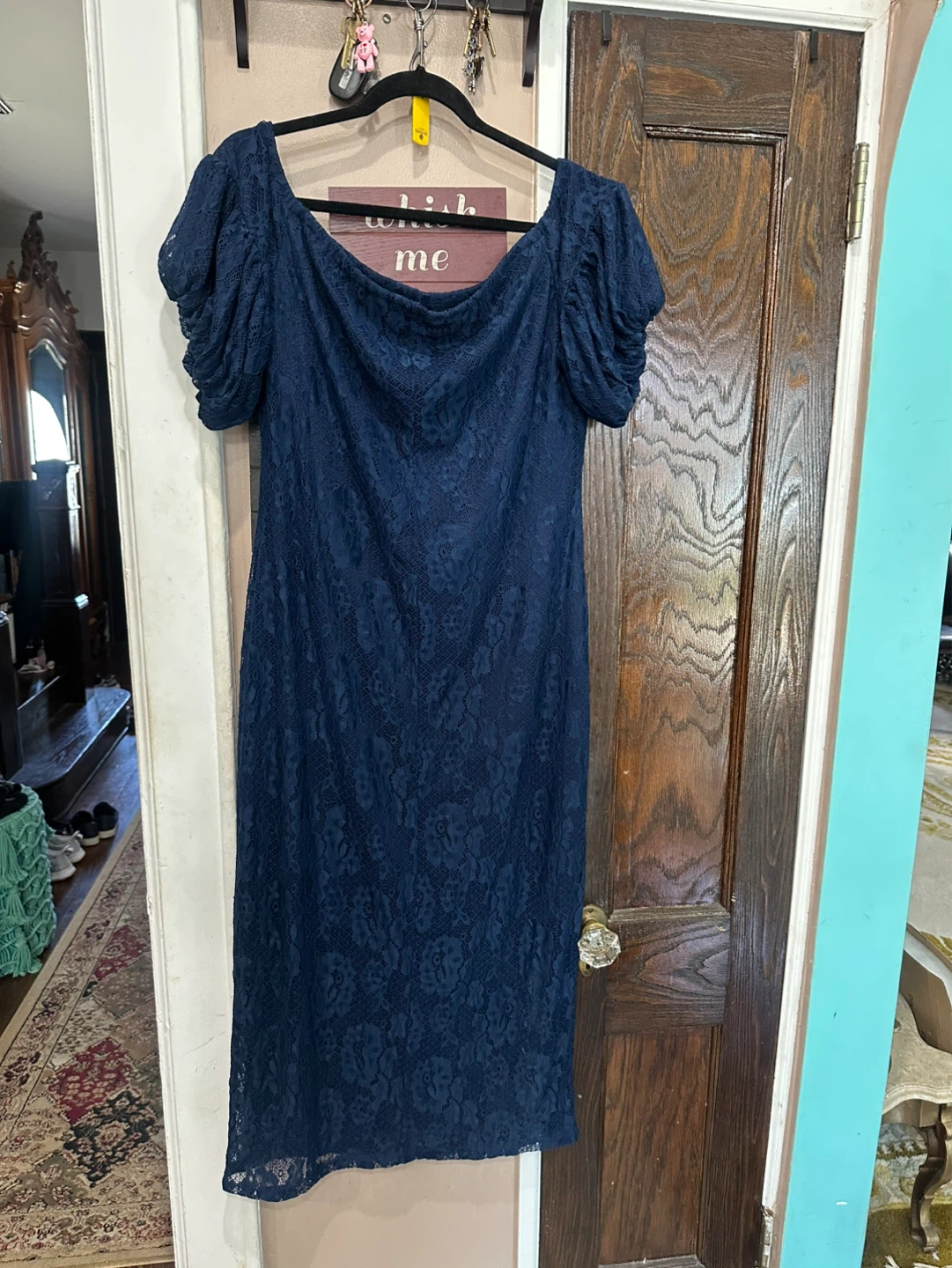 Elegant Navy Lace Midi Dress with Off Shoulder Neckline - photo 5
