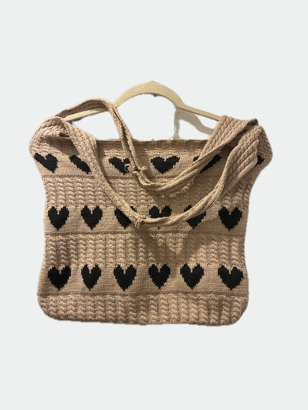 Knit Tote Bag with Black Hearts