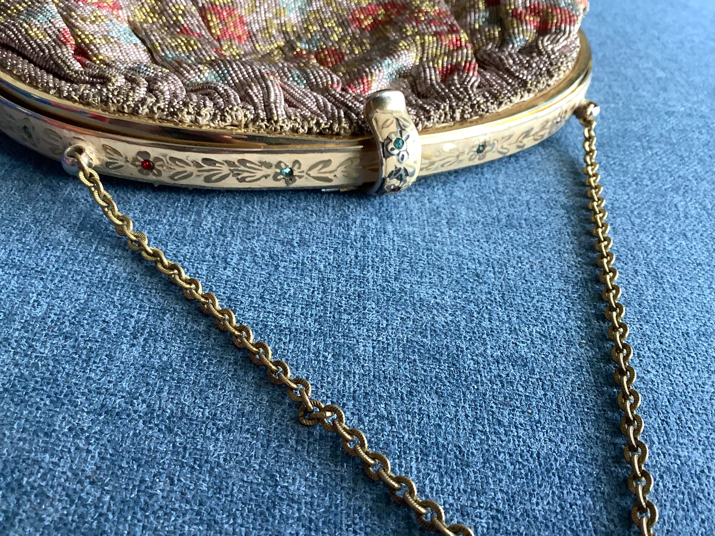 Vt/Art Deco Floral Tapestry Evening Bag w Enamel/Brass 🐞 - photo 2