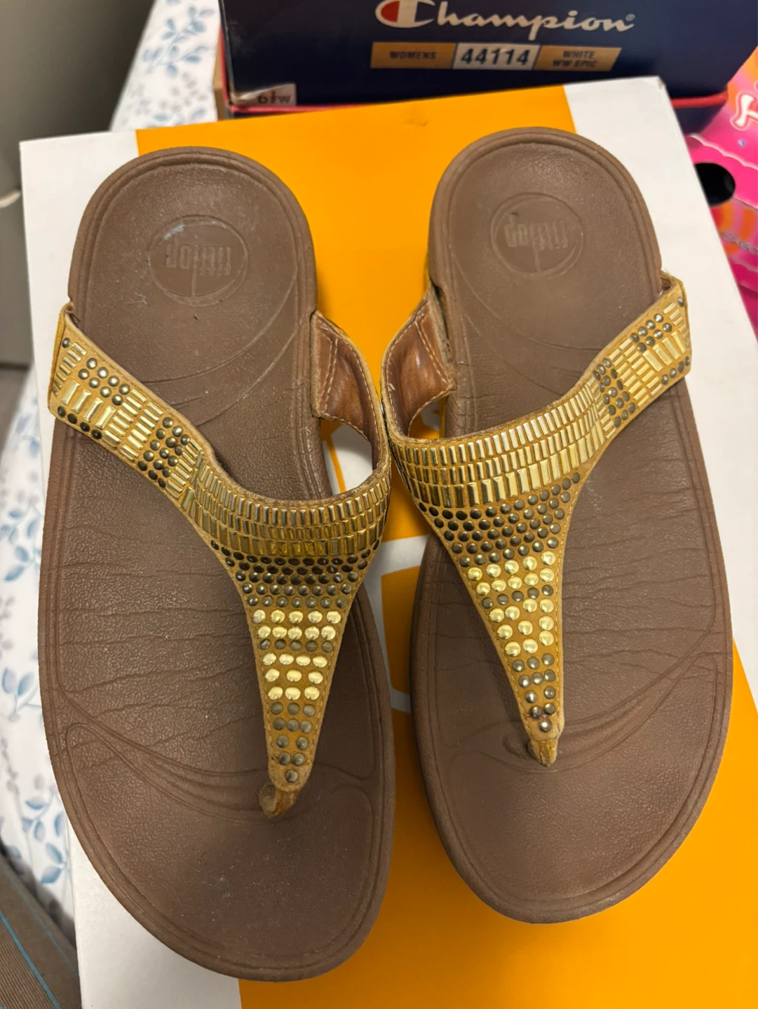 Used FitFlop Flip Flops - Gold Embellished Thong Sandals