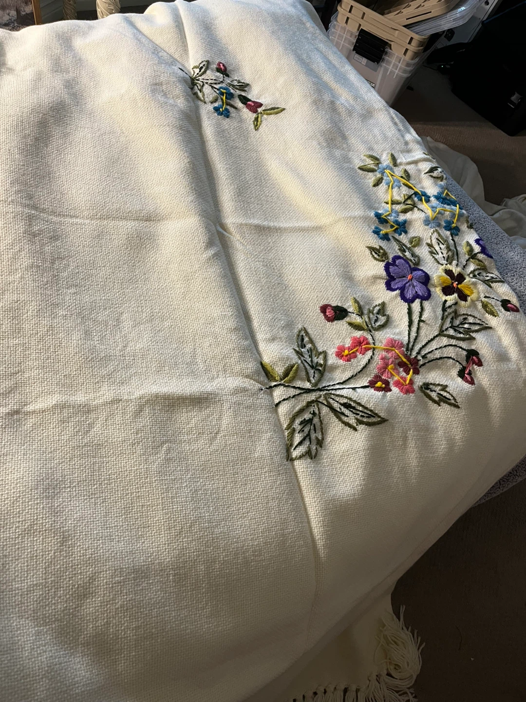 Embroidered Cream Throw Blanket with Fringe - photo 4