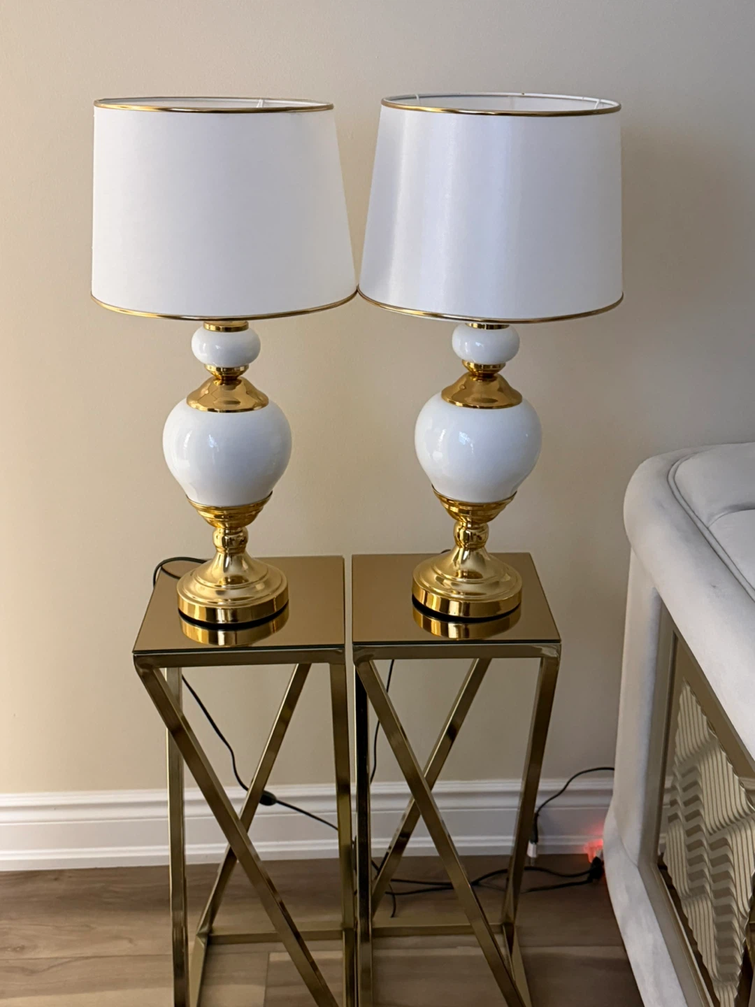 Pair of White and Gold Ceramic Table Lamps