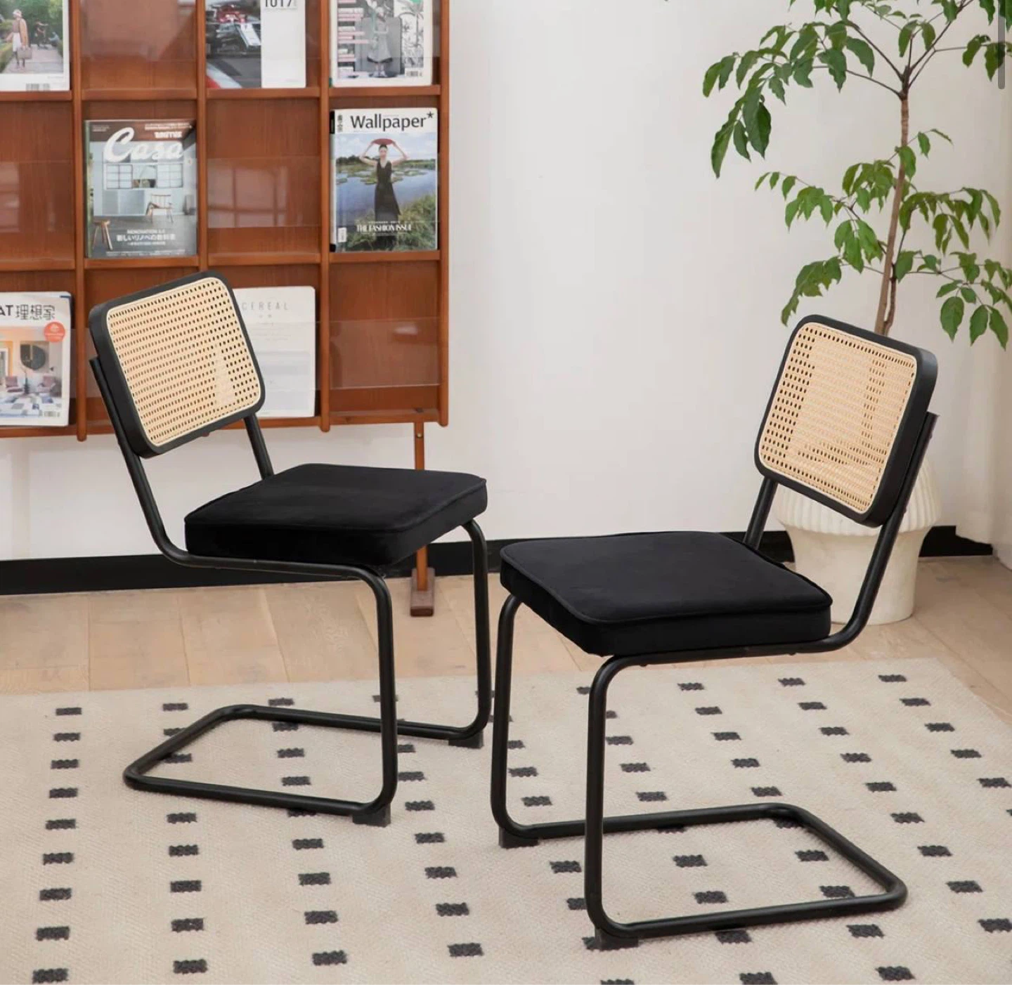 Dining chairs Set of 2.  Black Velvet Rattan Side Chairs - photo 2