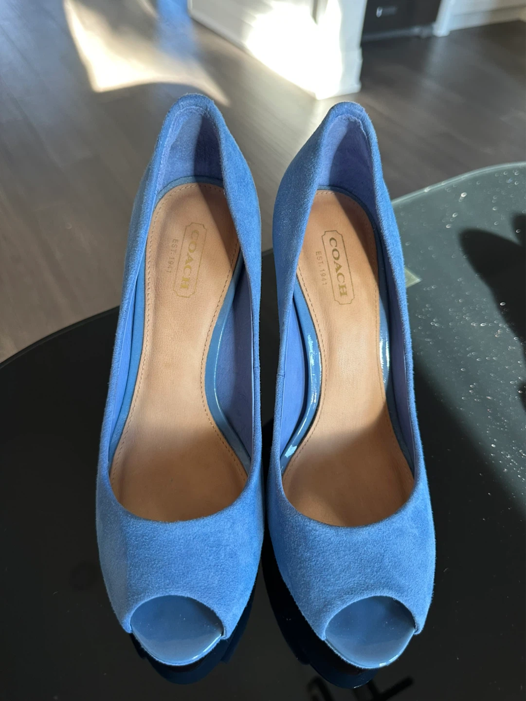 Coach Blue Suede Peep Toe Heels Size 7B