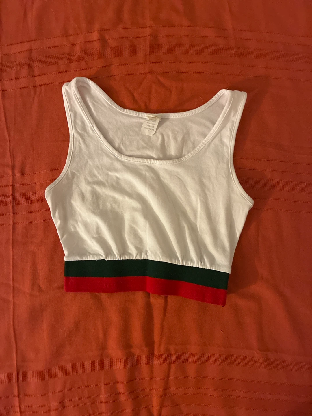 White Cropped Tank Top with Red and Green Stripe
