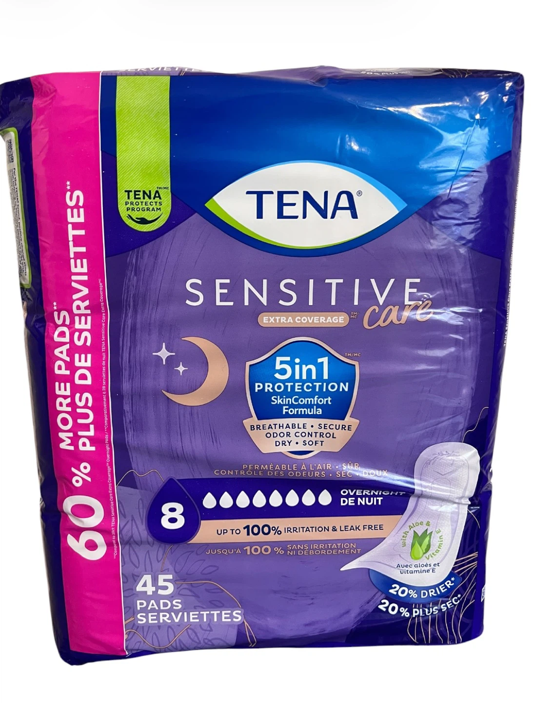 TENA Sensitive Care Overnight Pads – (45 Pads) – New