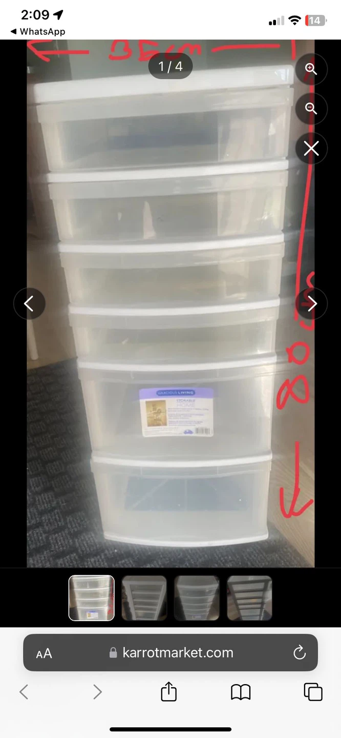 Clear plastic 5-drawer storage unit