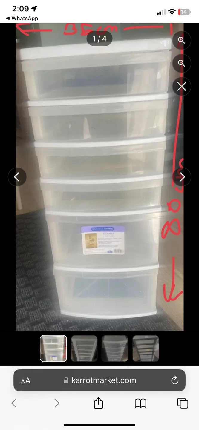 Clear plastic 5-drawer storage unit