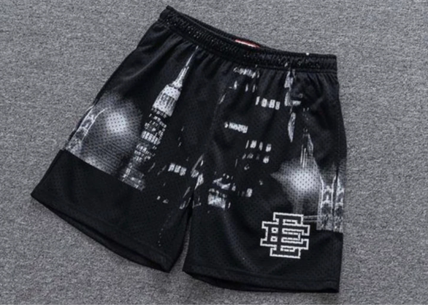 Black Mesh Shorts with NYC Skyline Graphic