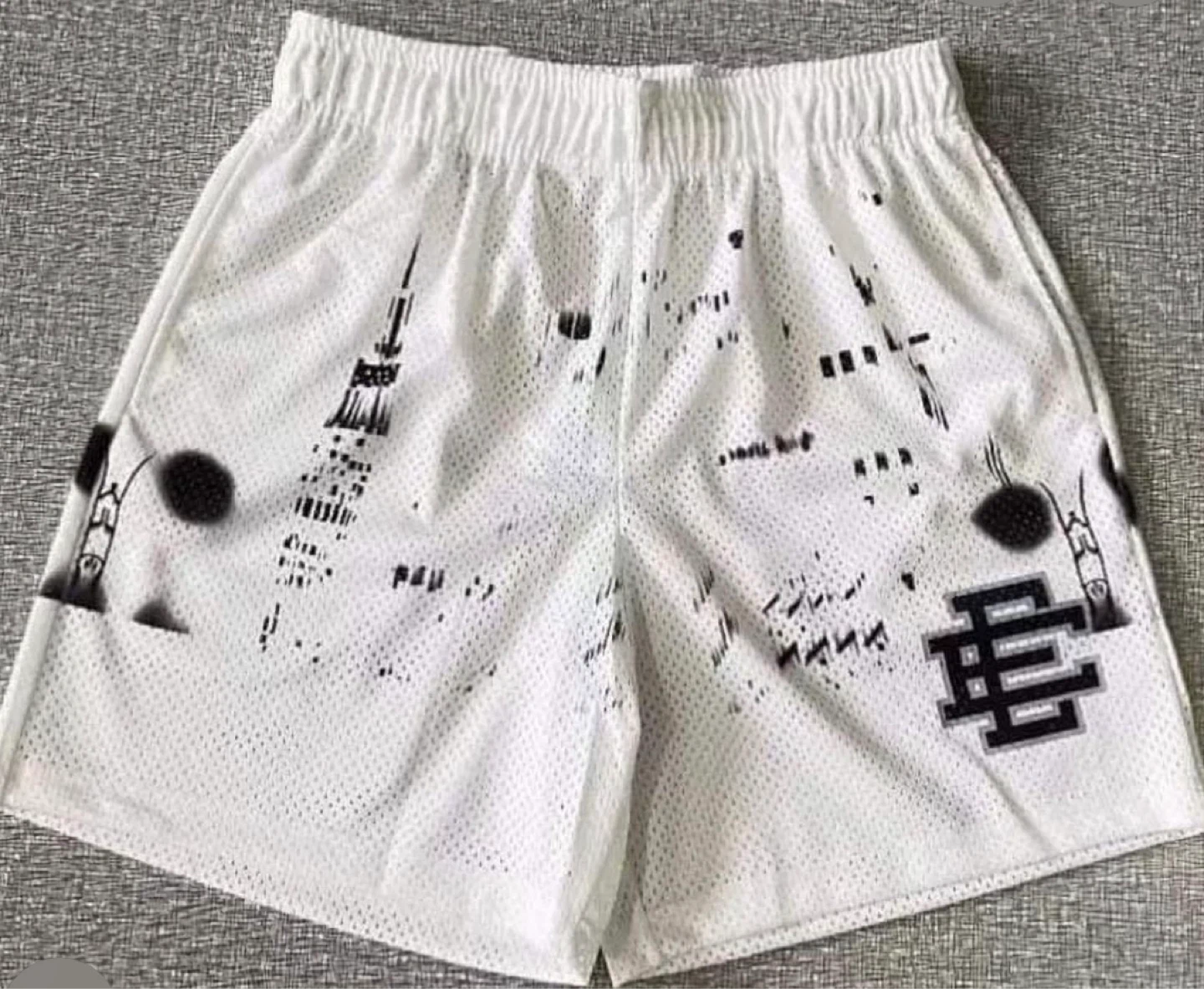 White Mesh Shorts with Cityscape Graphic