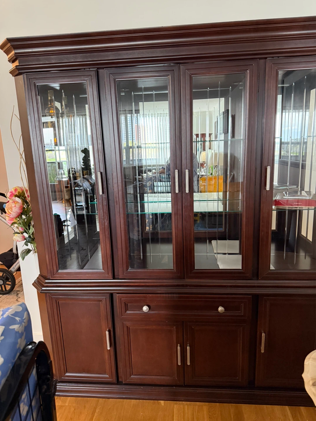 Large Dark Wood China Cabinet with Glass Doors - photo 3