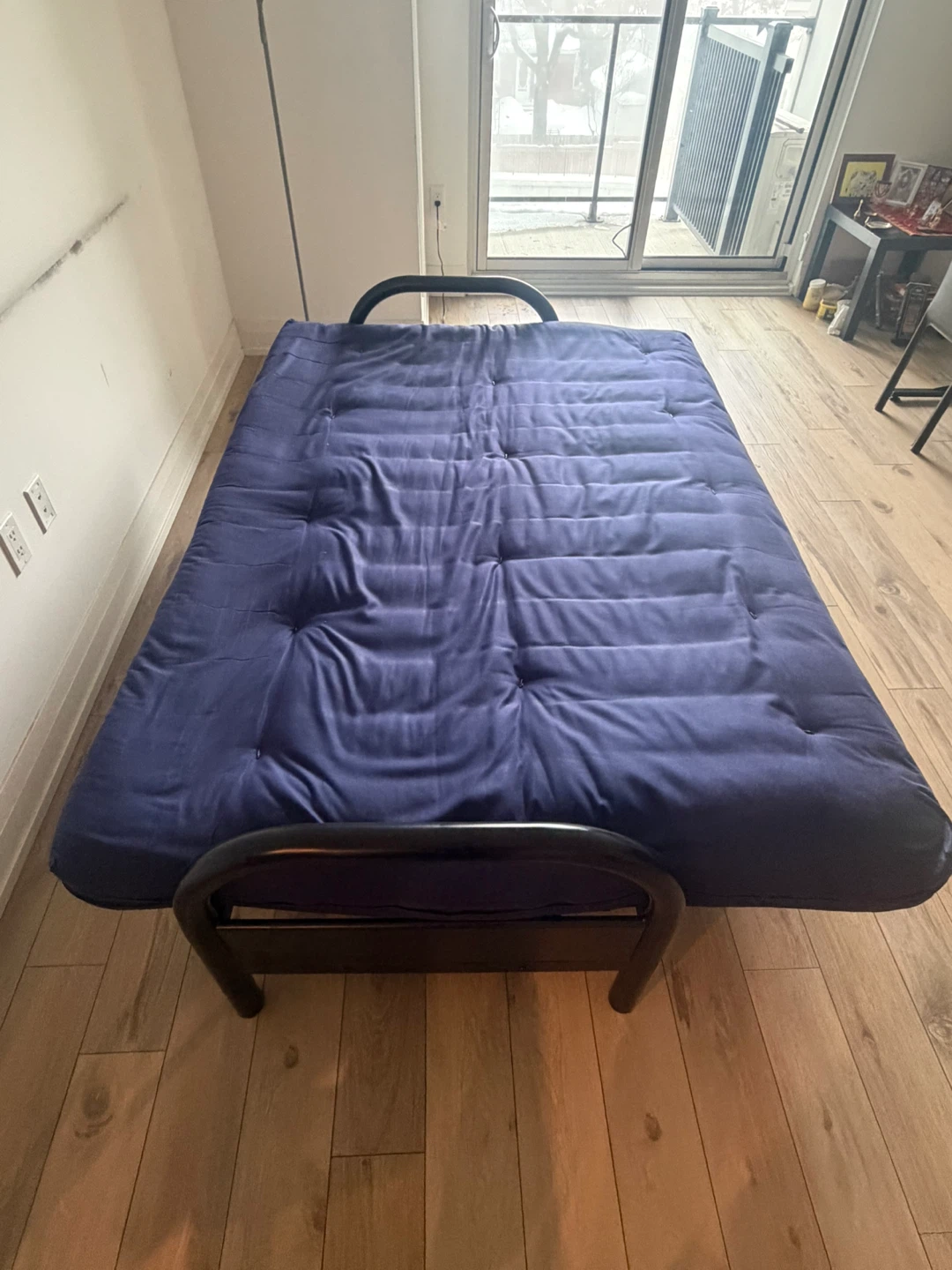 Blue Futon Sofa Bed with Black Metal Frame - photo 4
