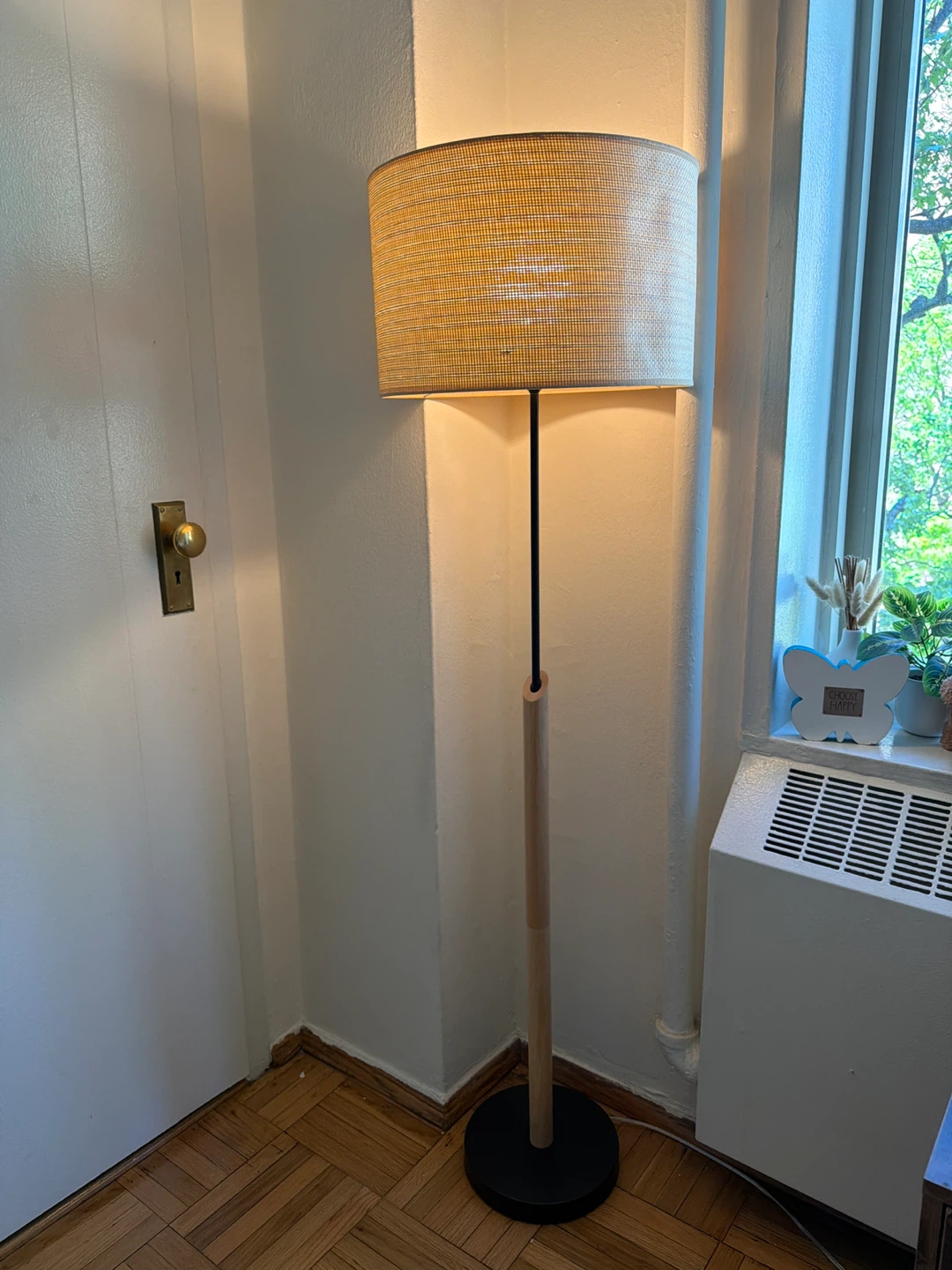 Modern Floor Lamp with Woven Rattan (Cane) Shade