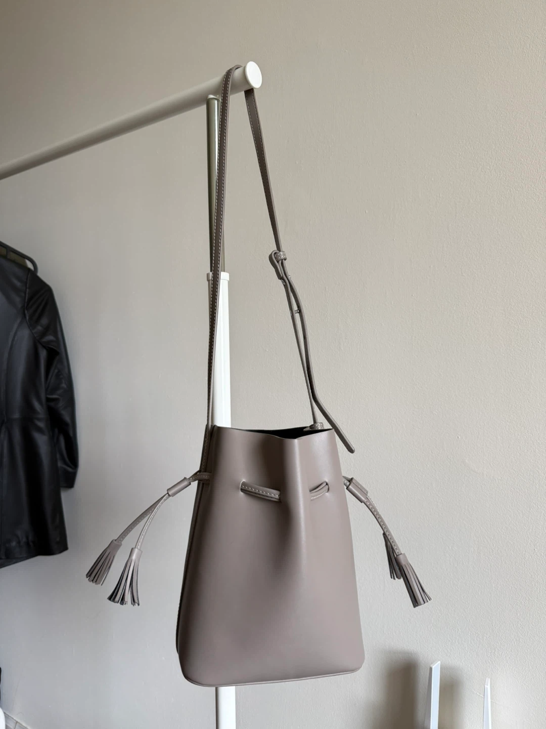 Grey Bucket Bag with Tassel Detail