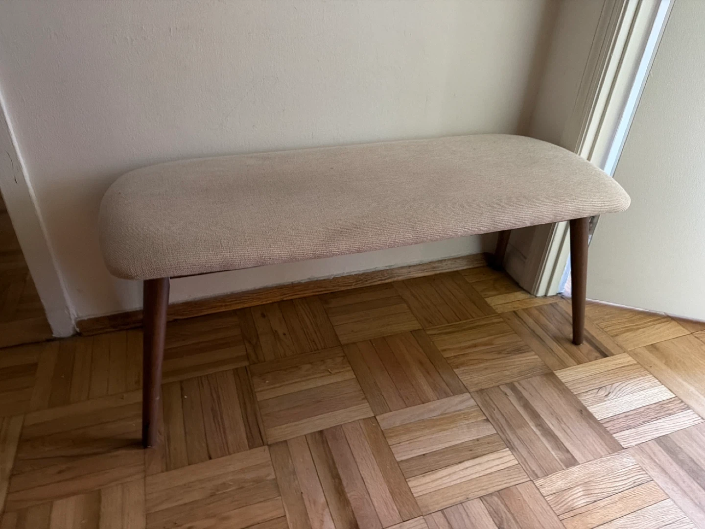 Beige Upholstered Bench with Wooden Legs