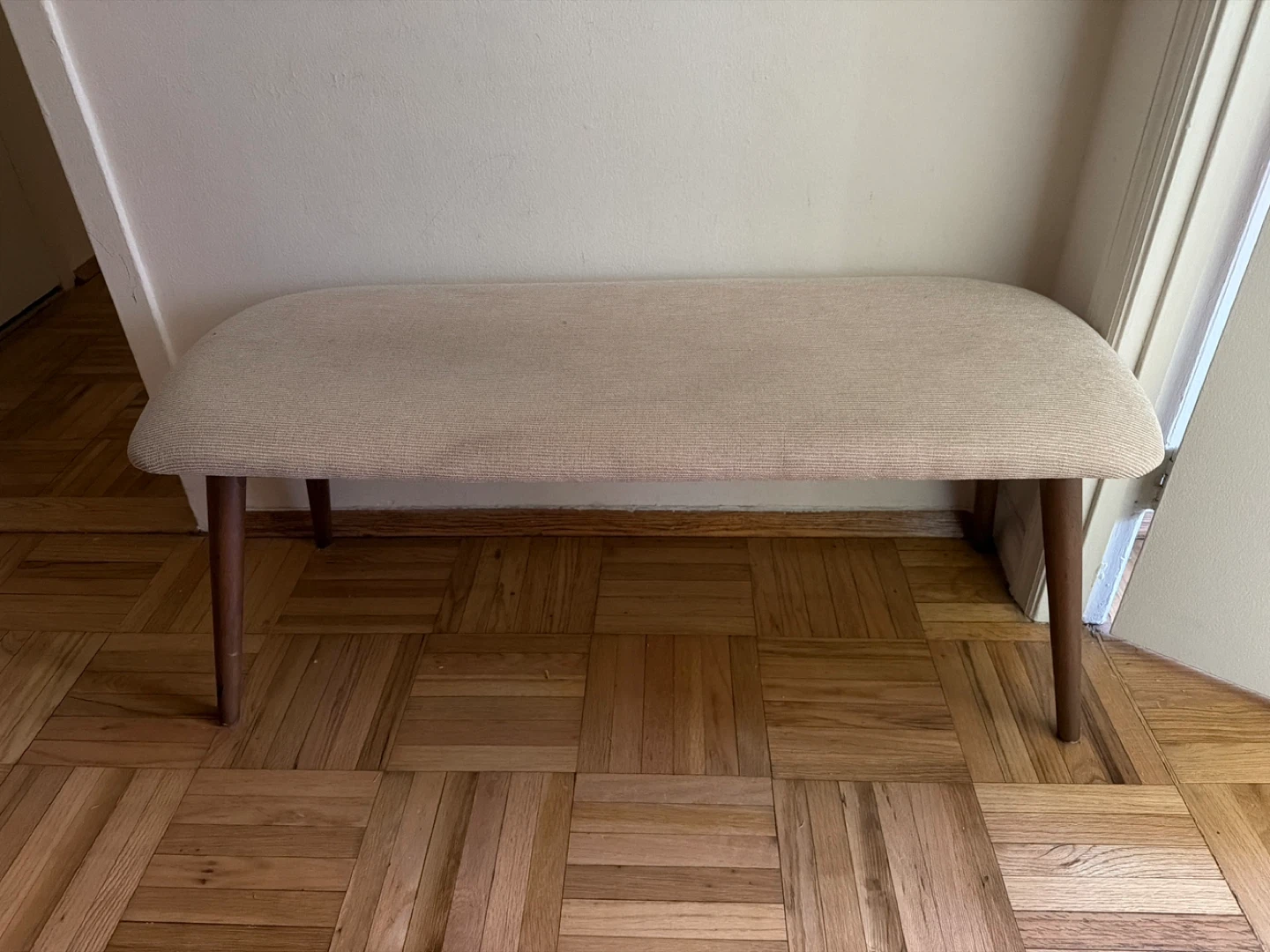 Beige Upholstered Bench with Wooden Legs - photo 2
