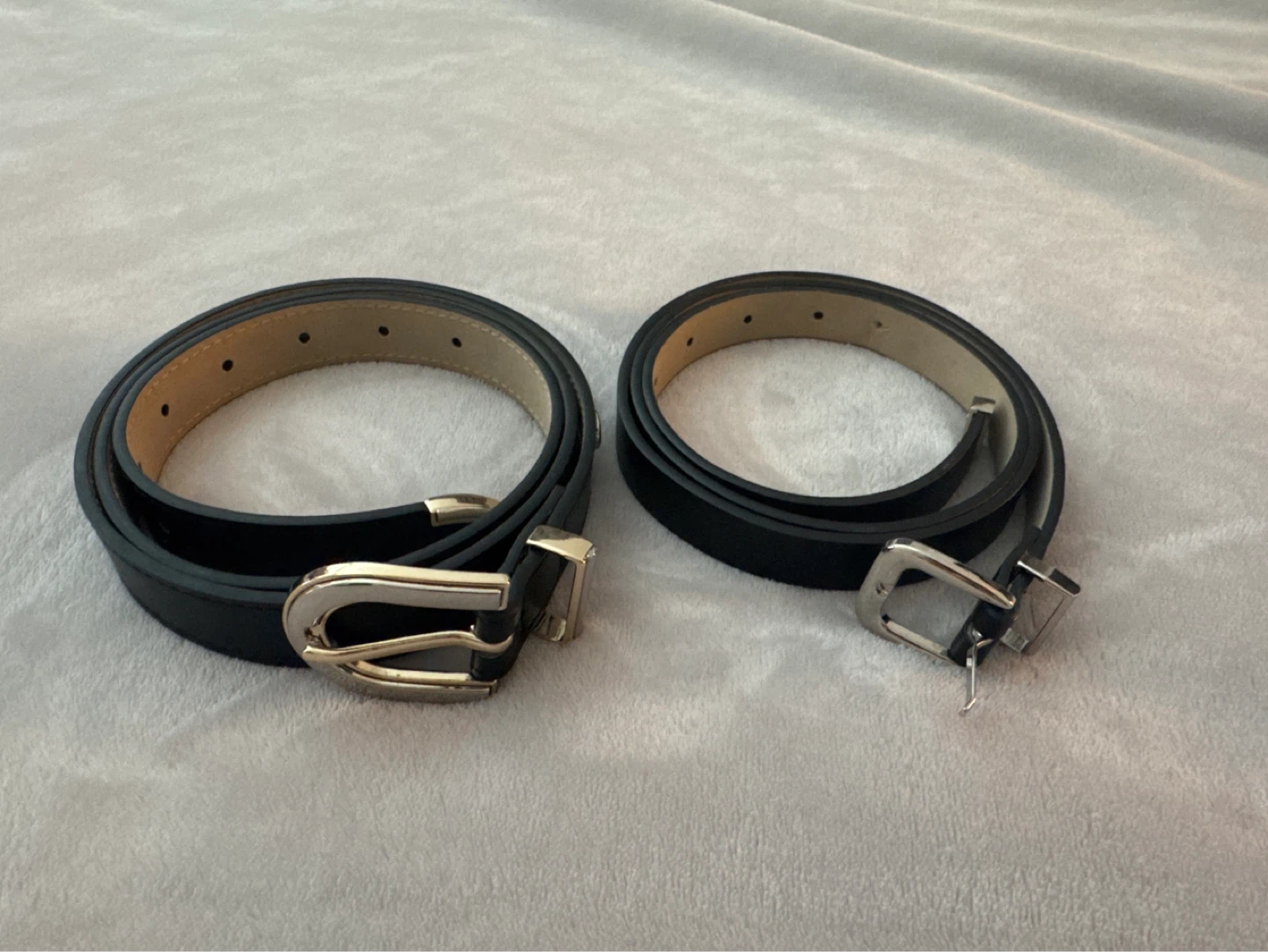Two Black Belts with Gold and Silver Buckles
