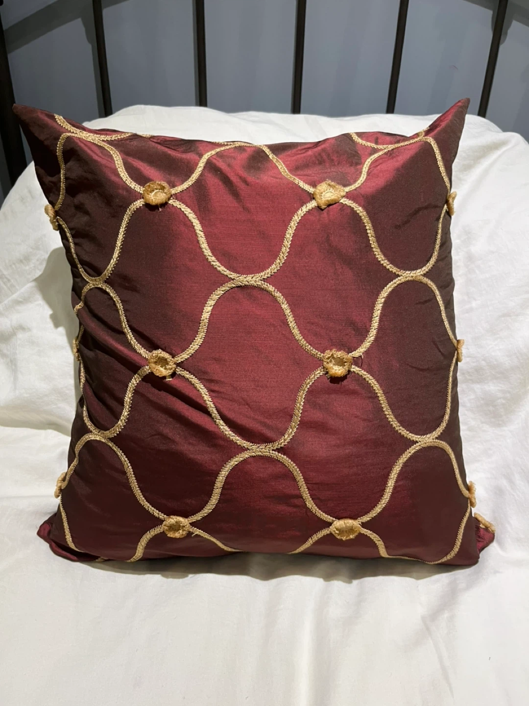 Down Decorative Throw Pillow - Burgundy with Gold Embroidery
