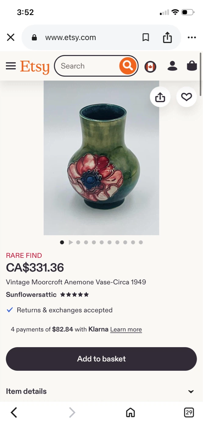 Moorcroft Vintage Pottery Vase Anemone Small Baluster - photo 4