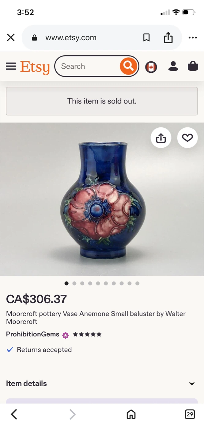 Moorcroft Vintage Pottery Vase Anemone Small Baluster - photo 5