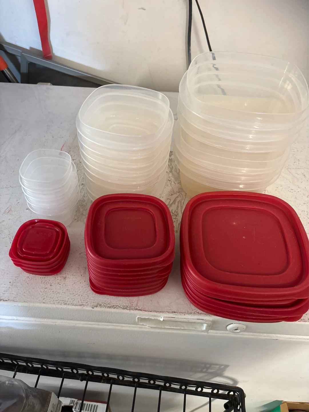 Set of Plastic Food Storage Containers with Red Lids