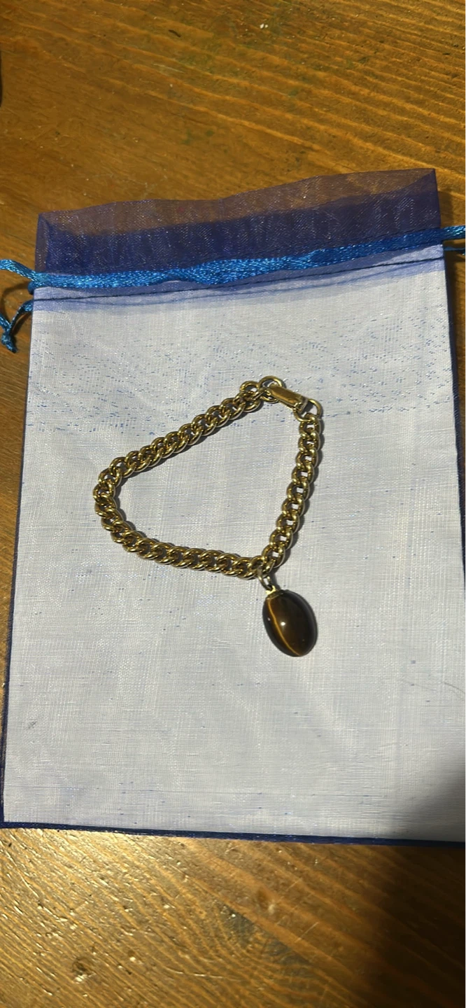 Gold Chain Bracelet with Tiger's Eye Pendant