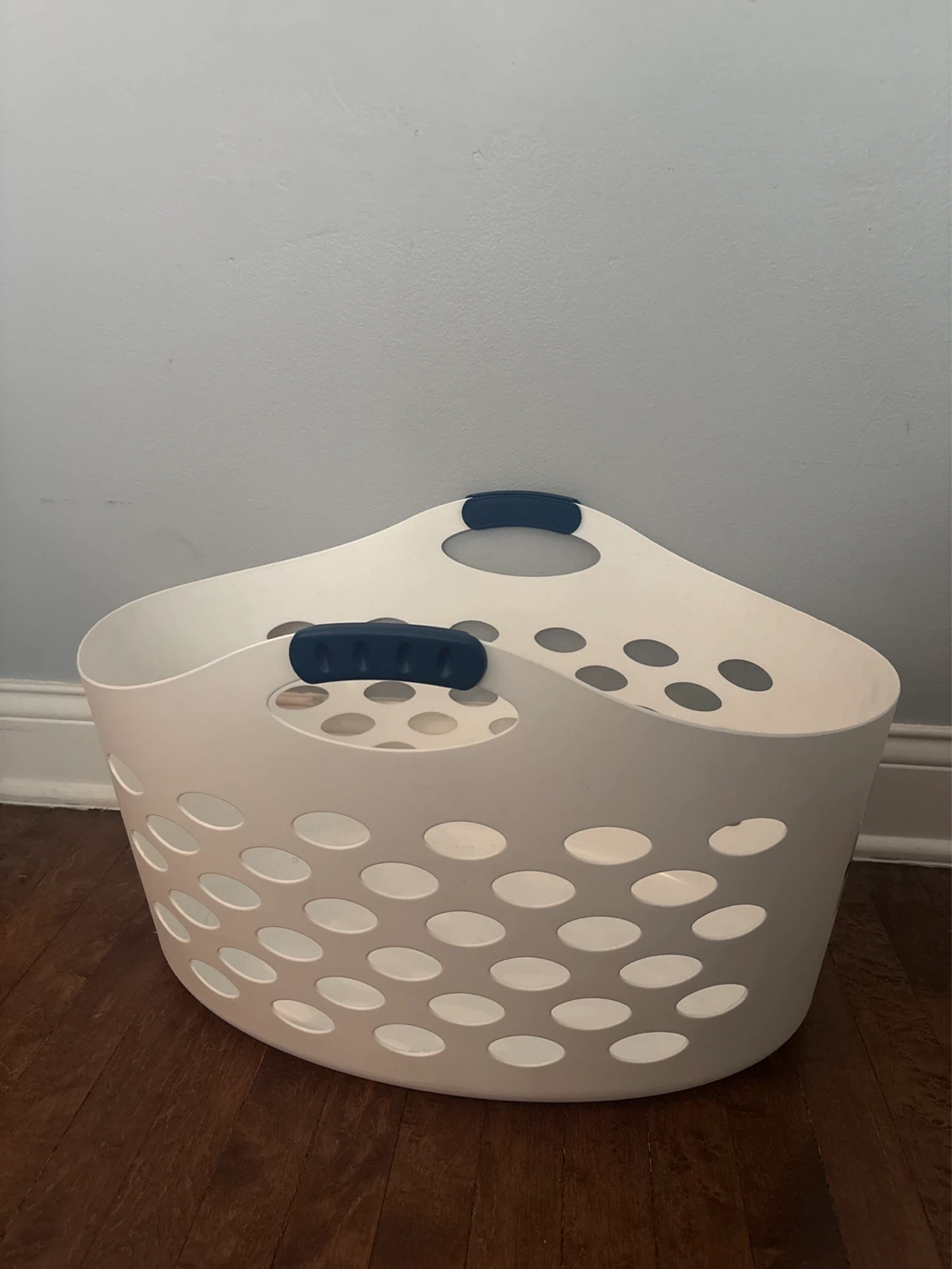 White Laundry Basket with Blue Handles