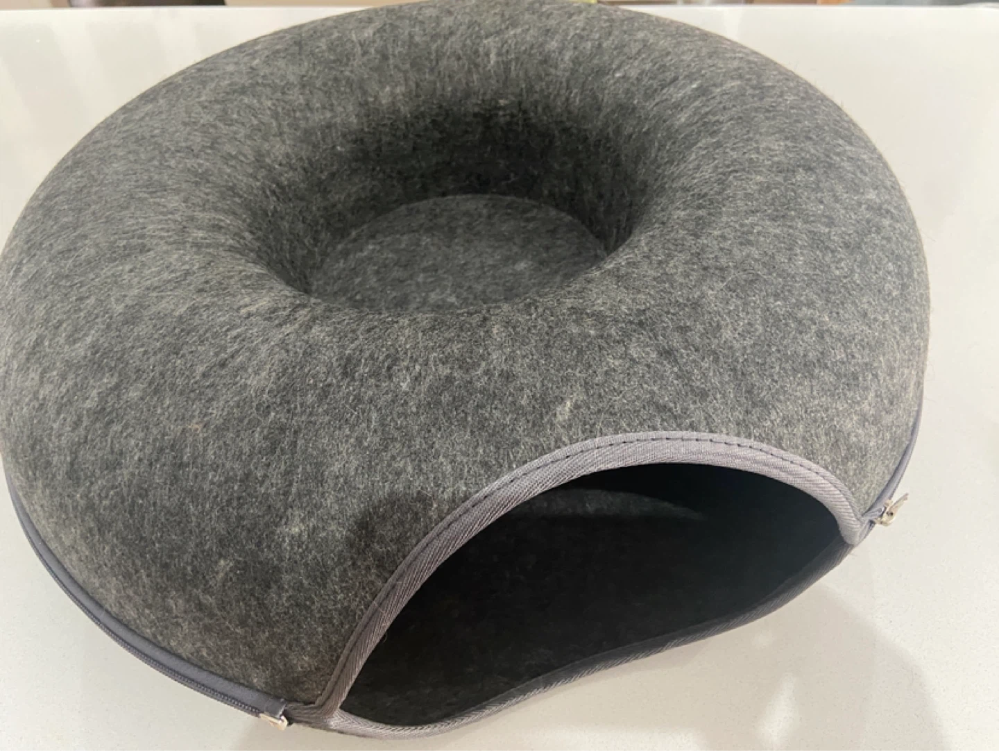 Grey Felt Cat Bed Tunnel with Cat Face Cutout