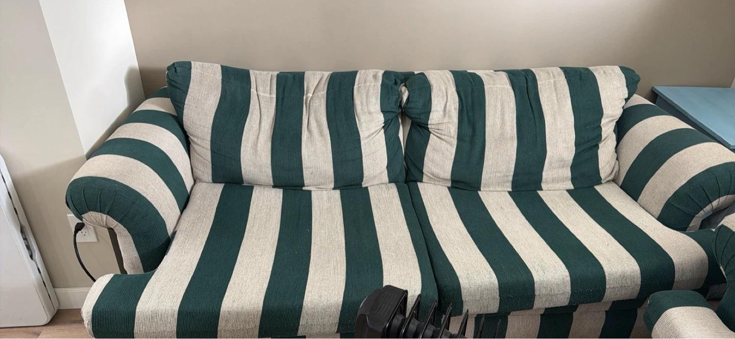 Green and Beige Striped Sofa