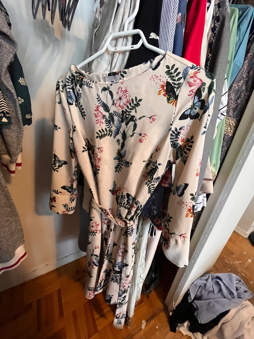 Women's Floral Butterfly Print Belted Dress