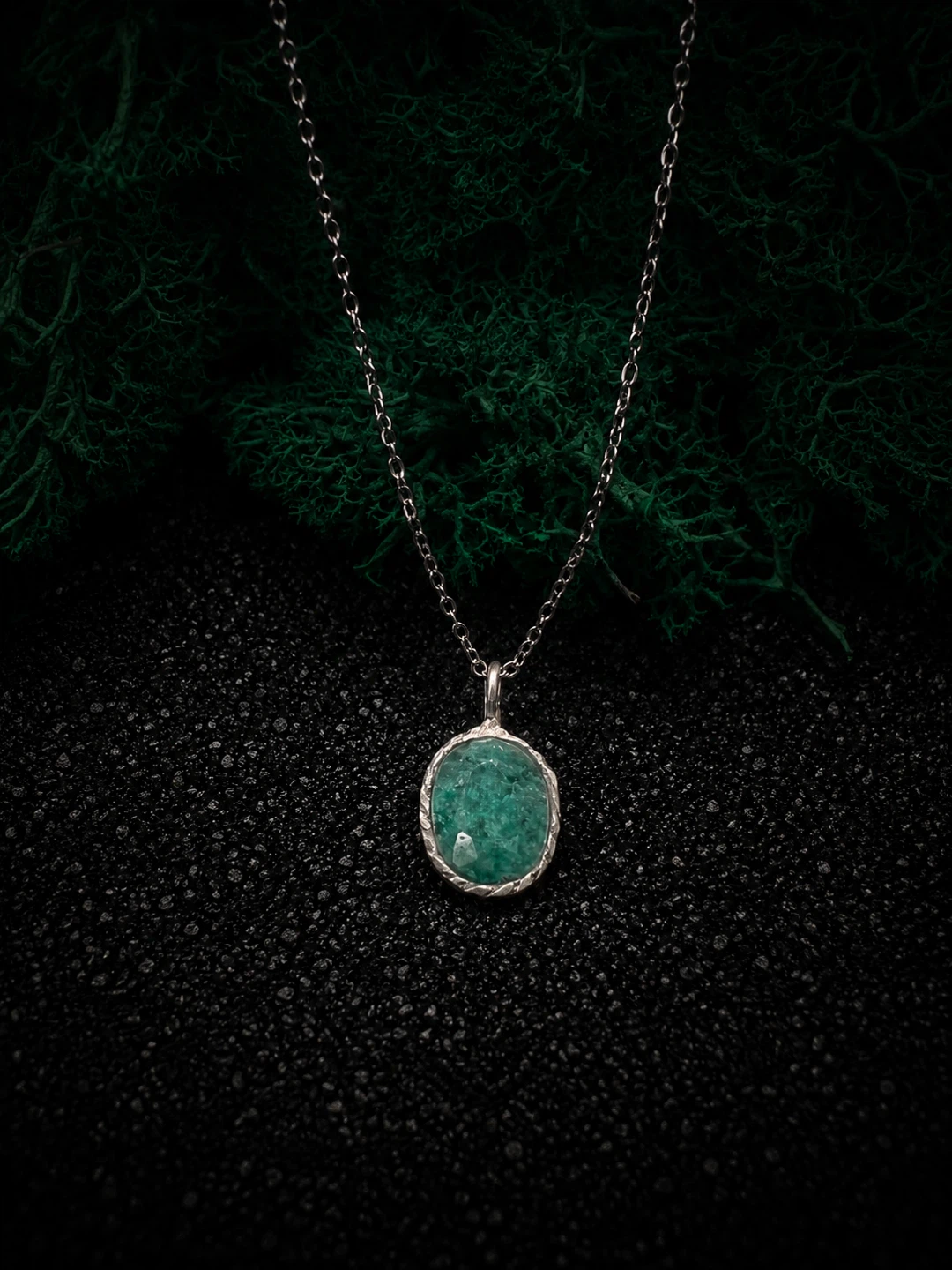 Silver Chain Necklace with Green Stone Pendant