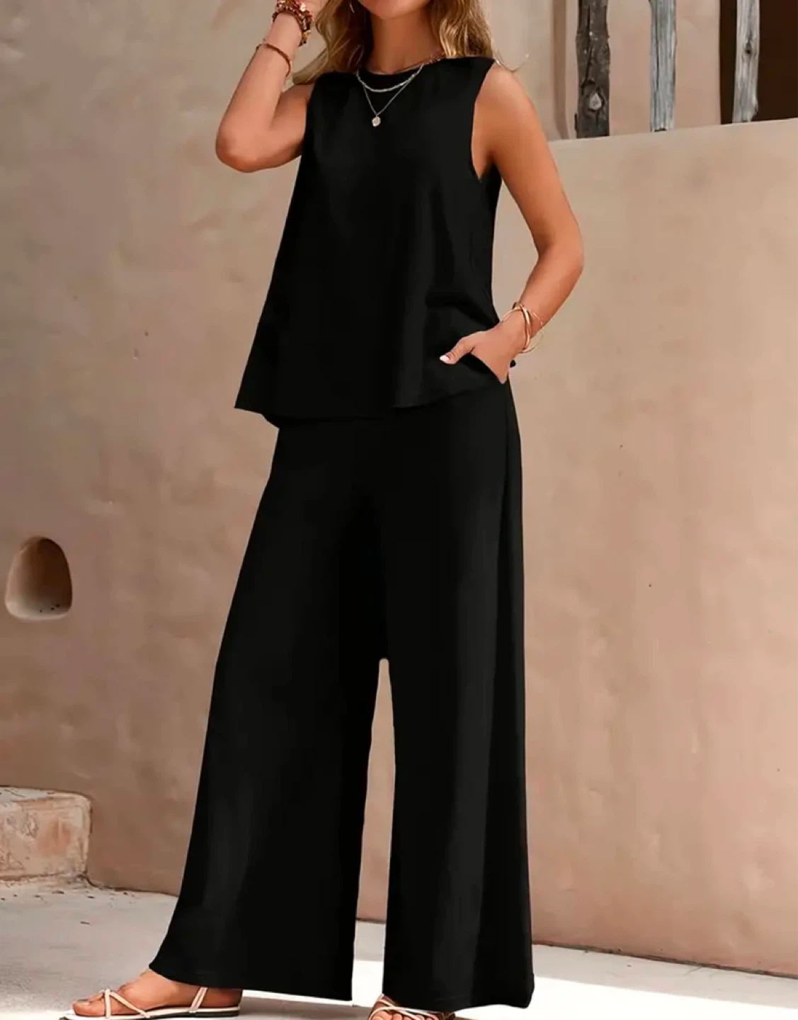 Black Sleeveless Wide Leg Pants Set - photo 2