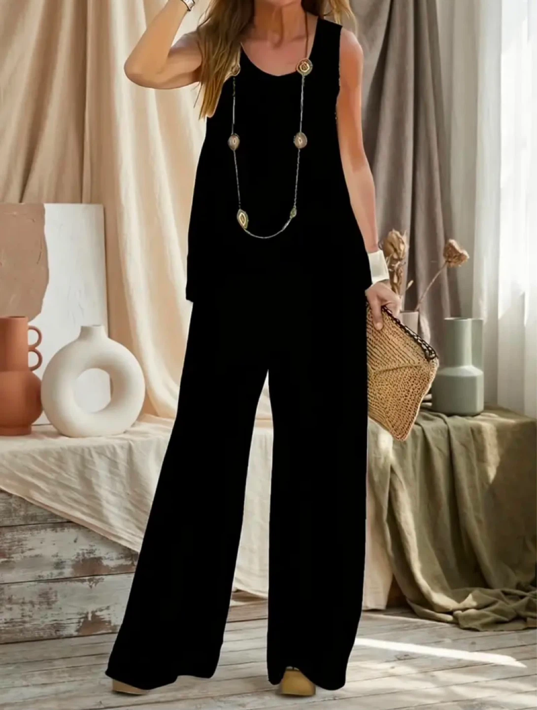 Black Sleeveless Wide Leg Pants Set - photo 5