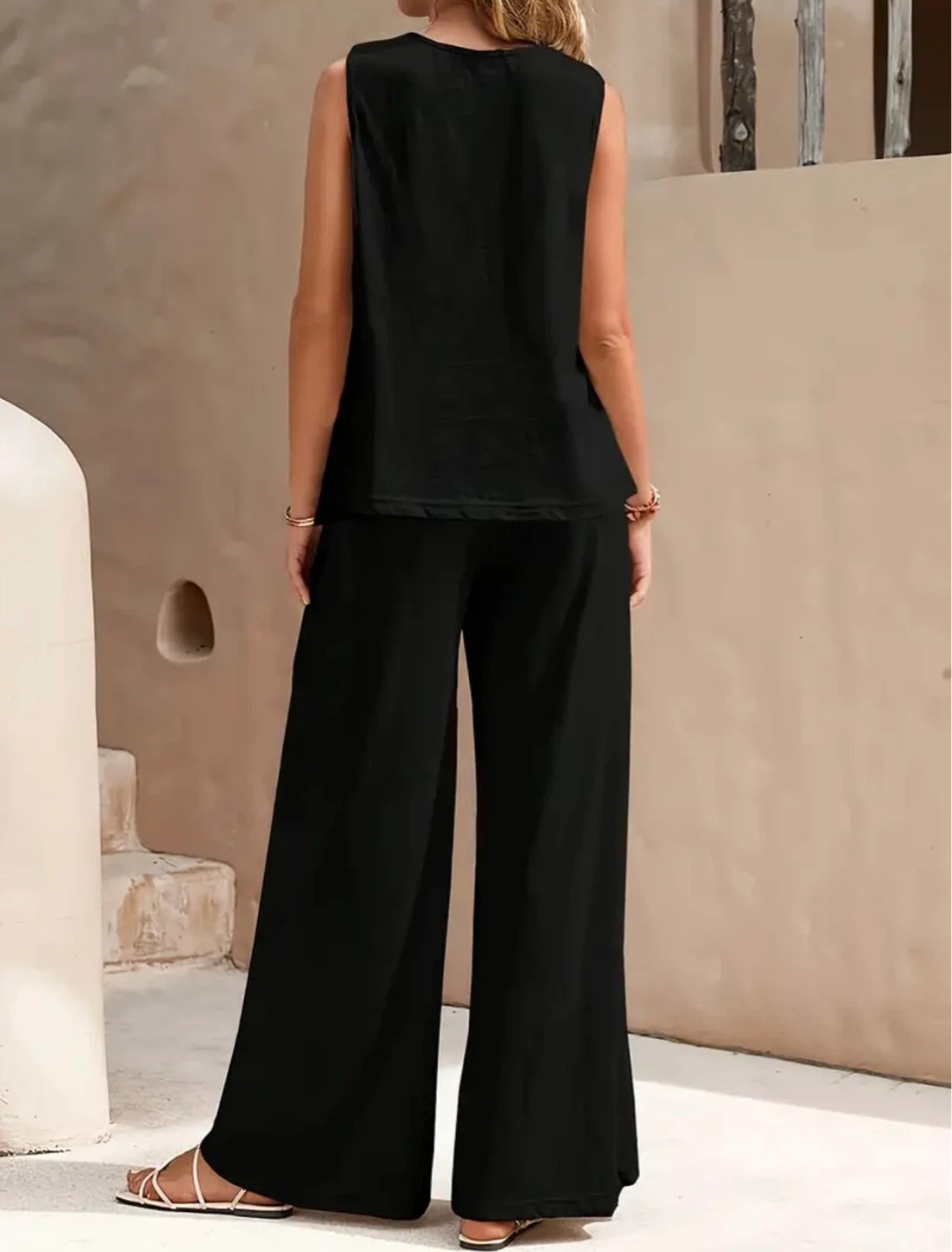 Black Sleeveless Tank Top and Wide Leg Pants Set - photo 2