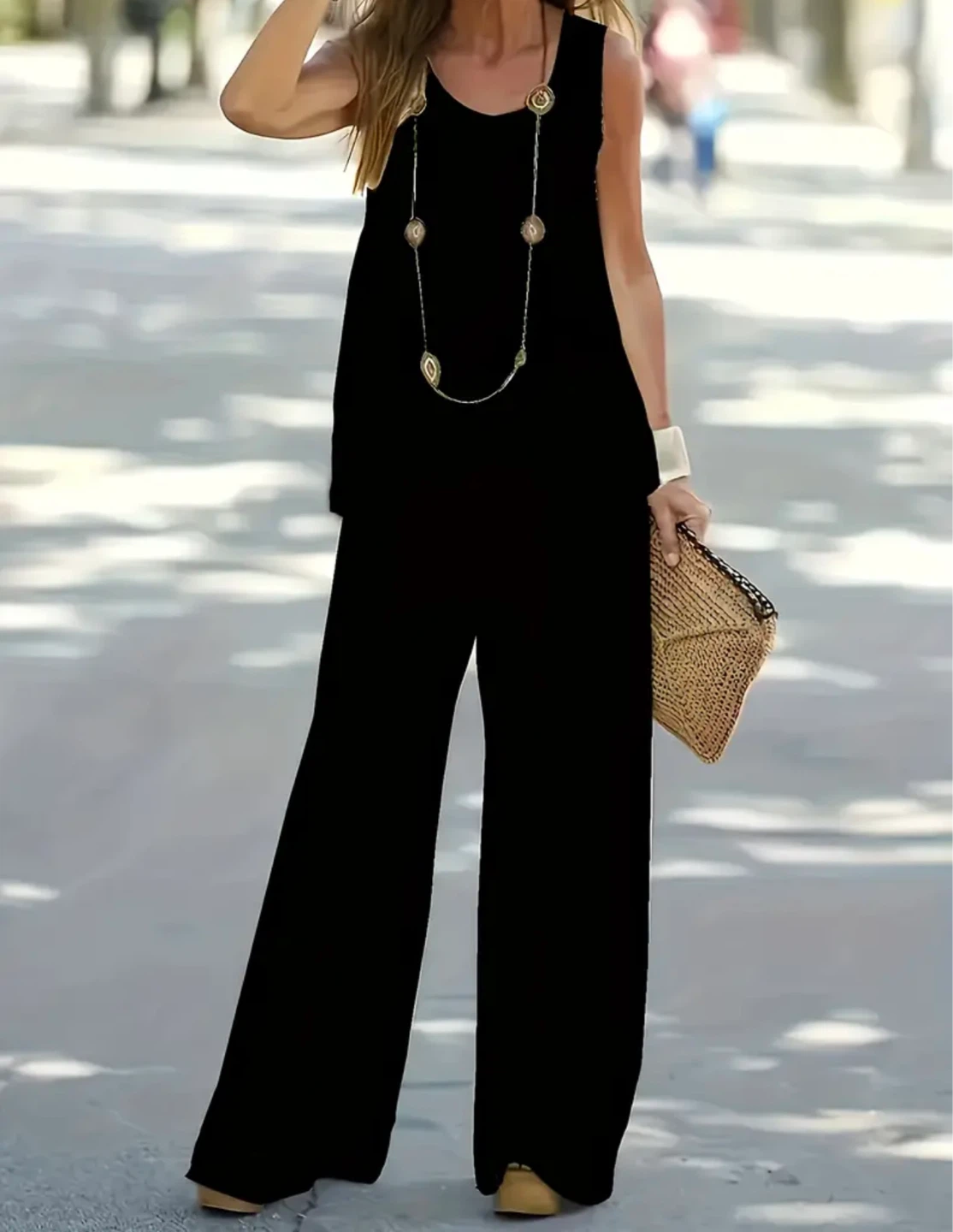 Black Sleeveless Tank Top and Wide Leg Pants Set