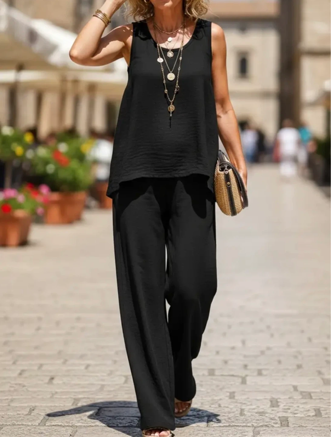 Black Sleeveless Tank Top and Wide Leg Pants Set - photo 4