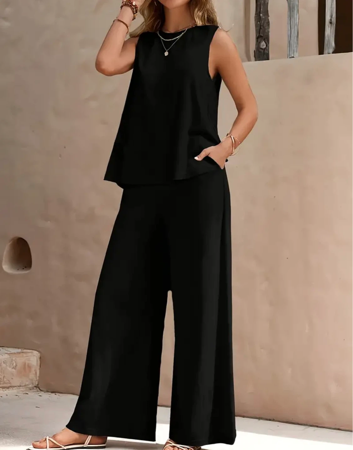 Black Sleeveless Tank Top and Wide Leg Pants Set - photo 3