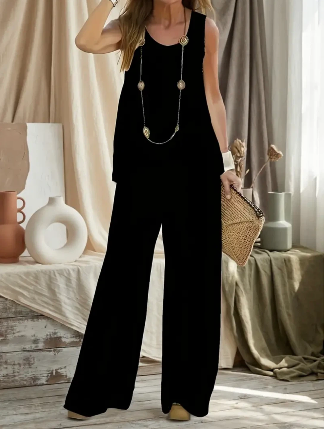 Black Sleeveless Tank Top and Wide Leg Pants Set - photo 5