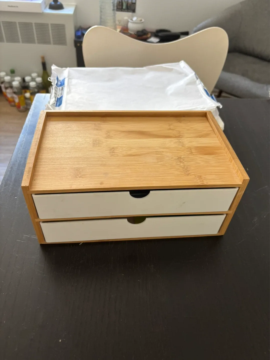 Bamboo Desktop Organizer with Drawers and office supplies