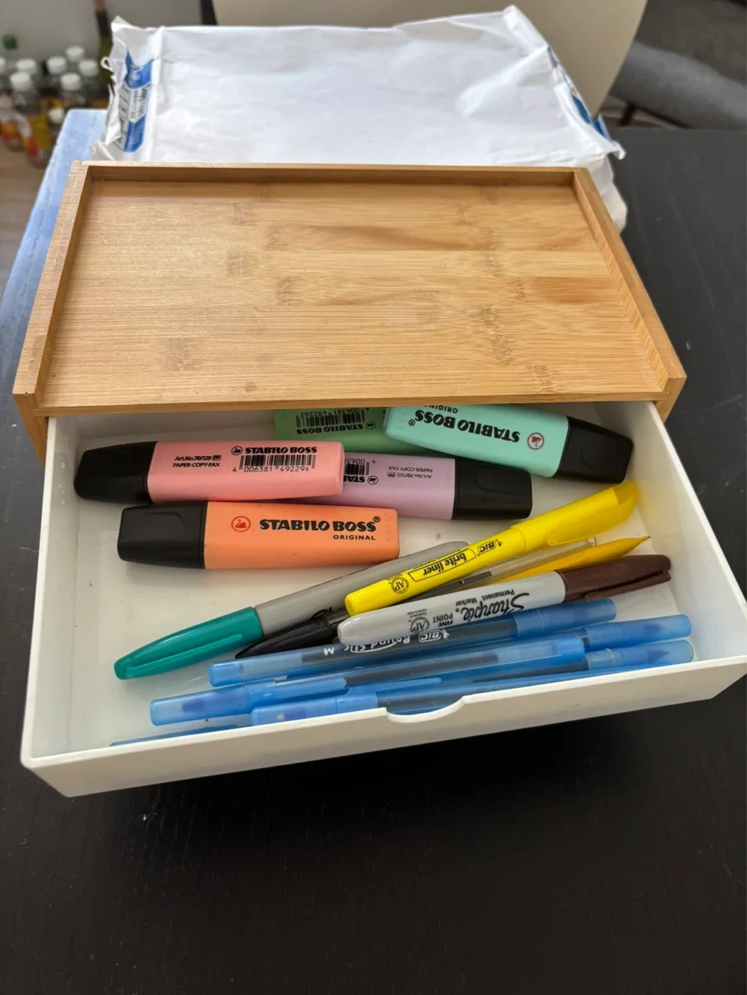 Bamboo Desktop Organizer with Drawers and office supplies - photo 3