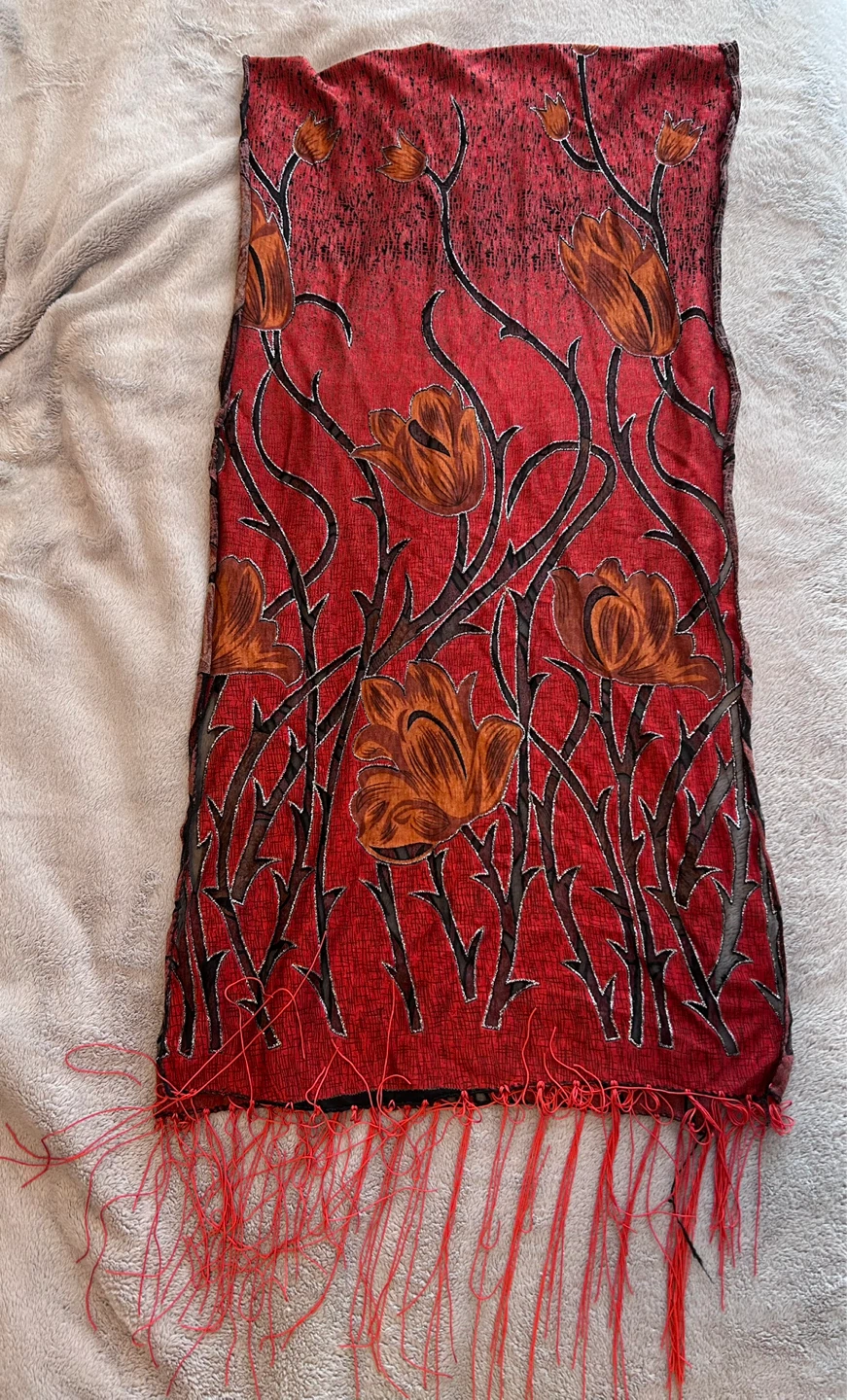 Red Floral Scarf with Tassels