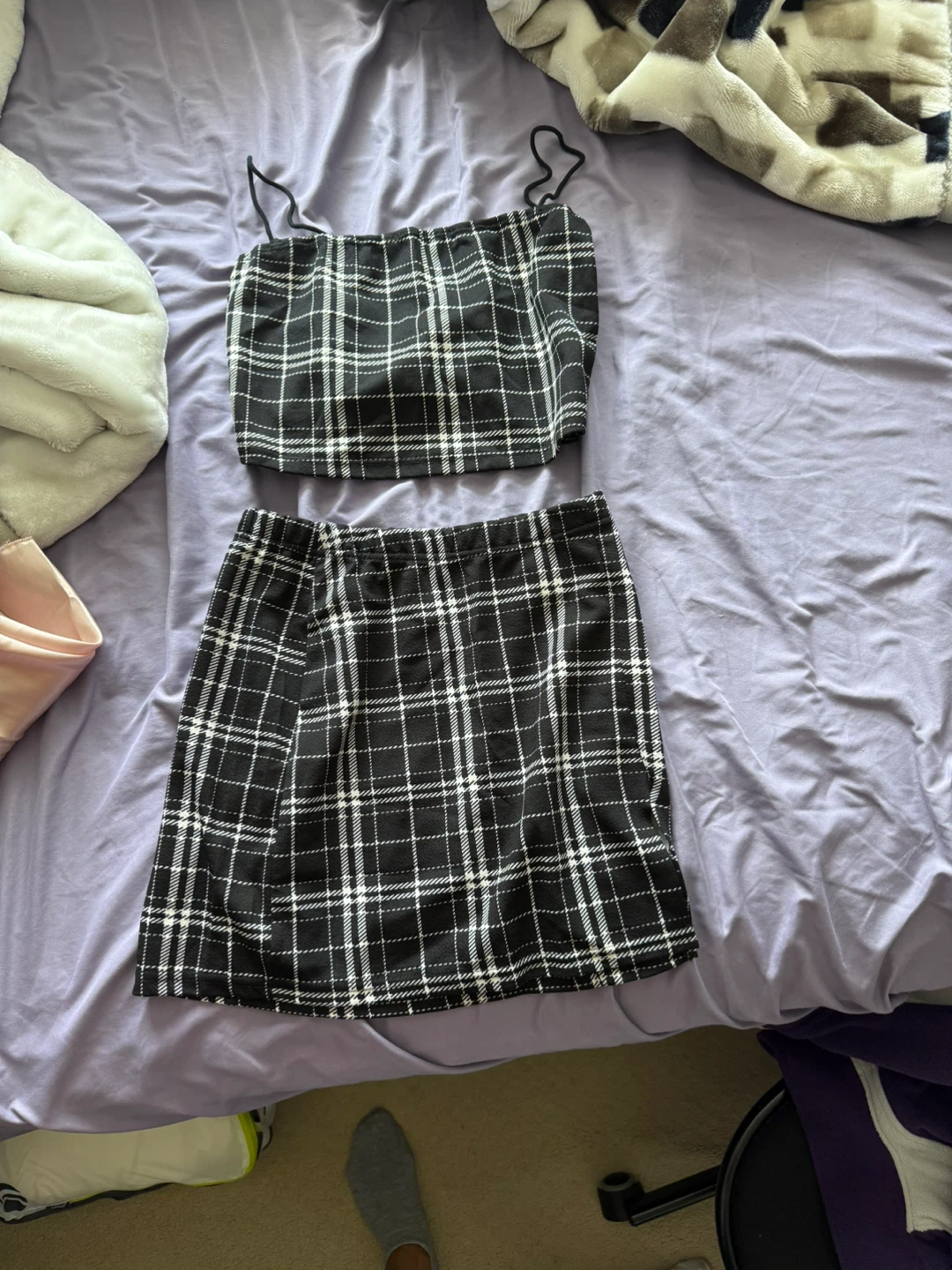 Black and White Plaid Crop Top and Mini Skirt Set