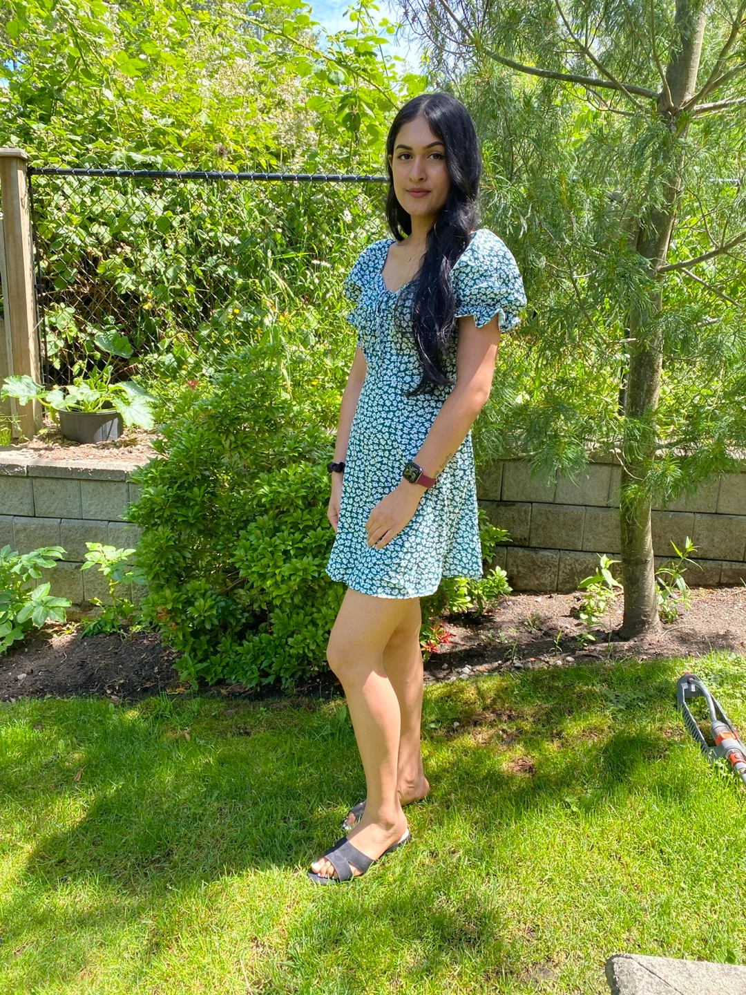 Women's Green Floral Puff Sleeve Mini Dress