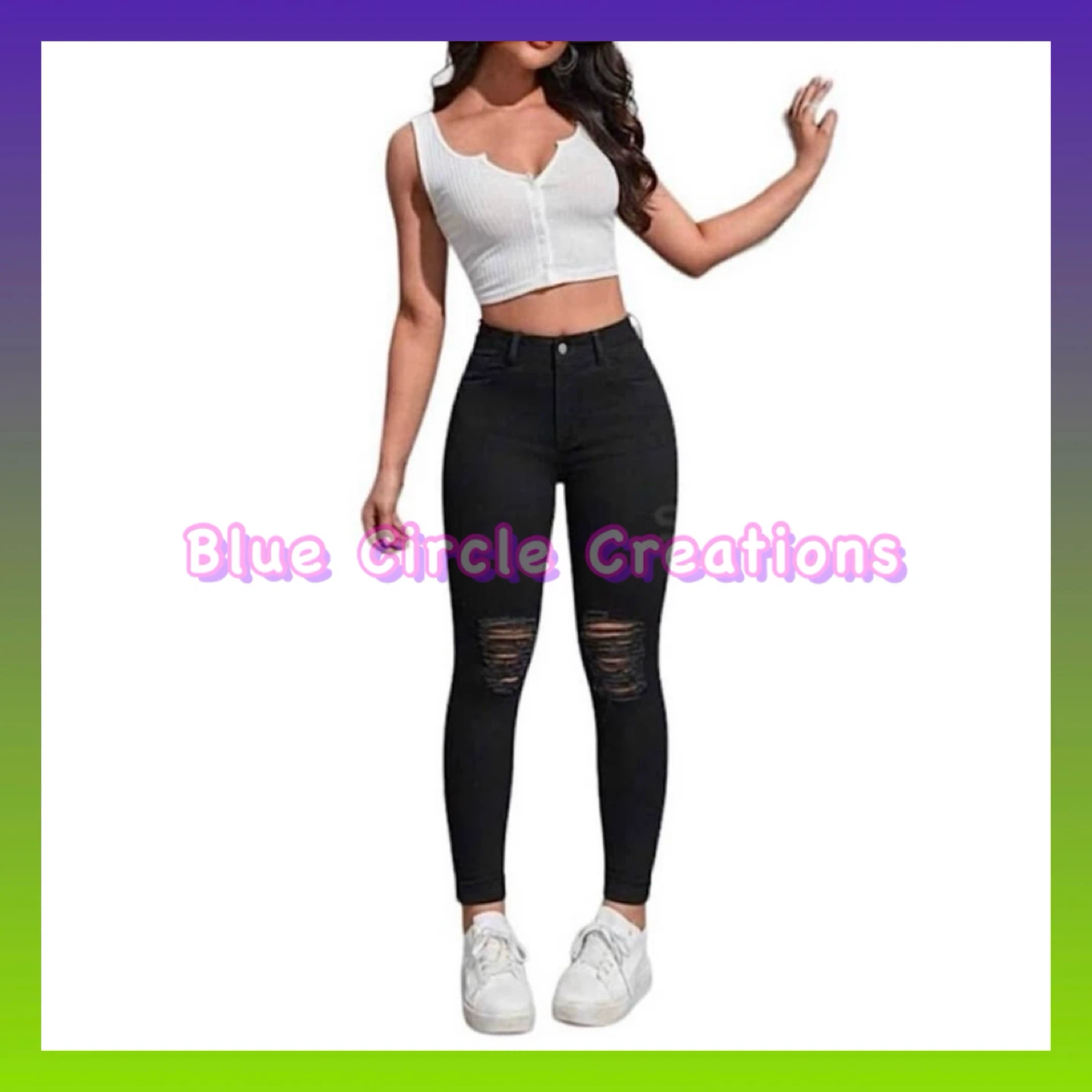 EZwear High Waist Ripped Skinny Jeans Black Size Small