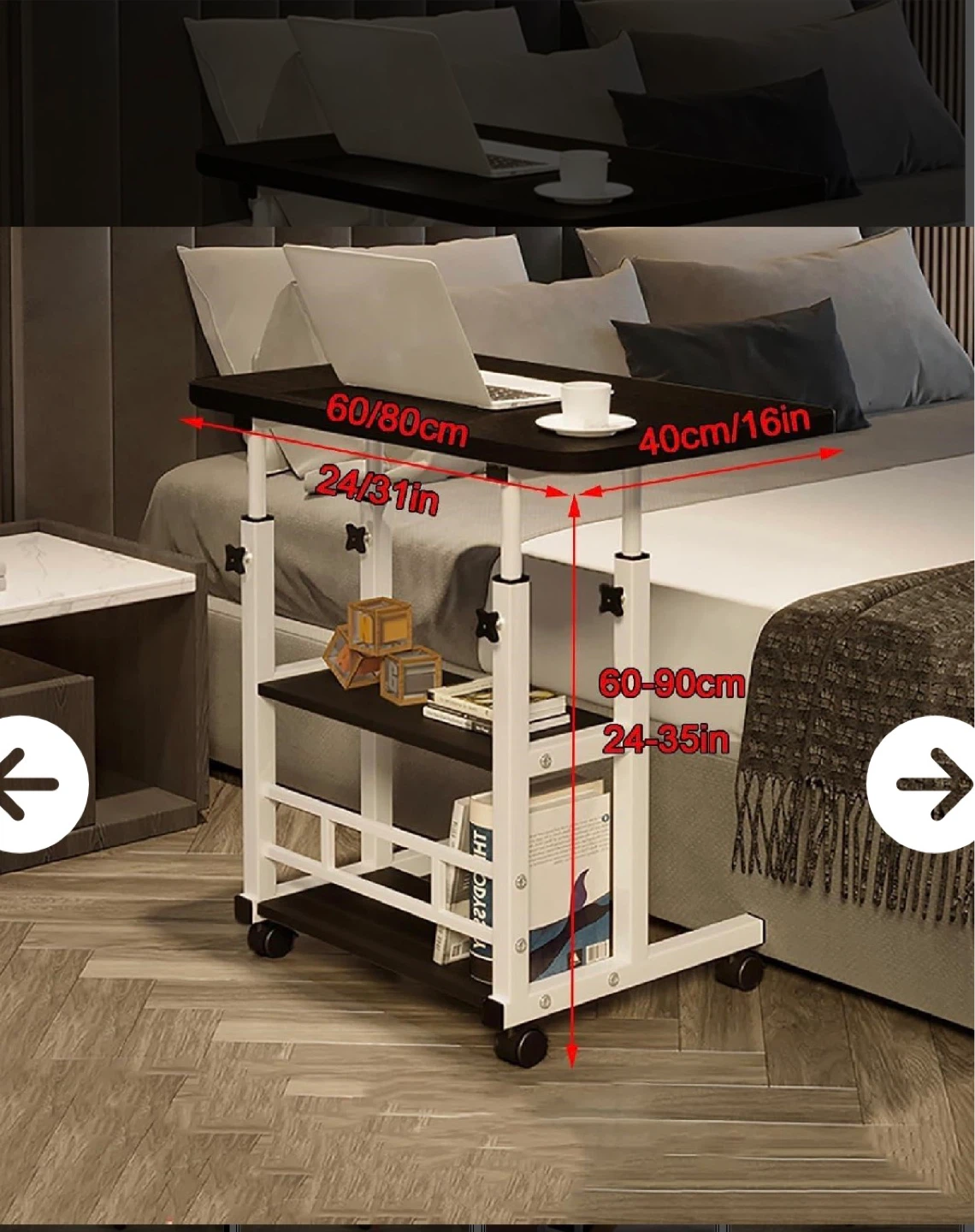 Adjustable Rolling Bedside Table with Shelves - photo 2