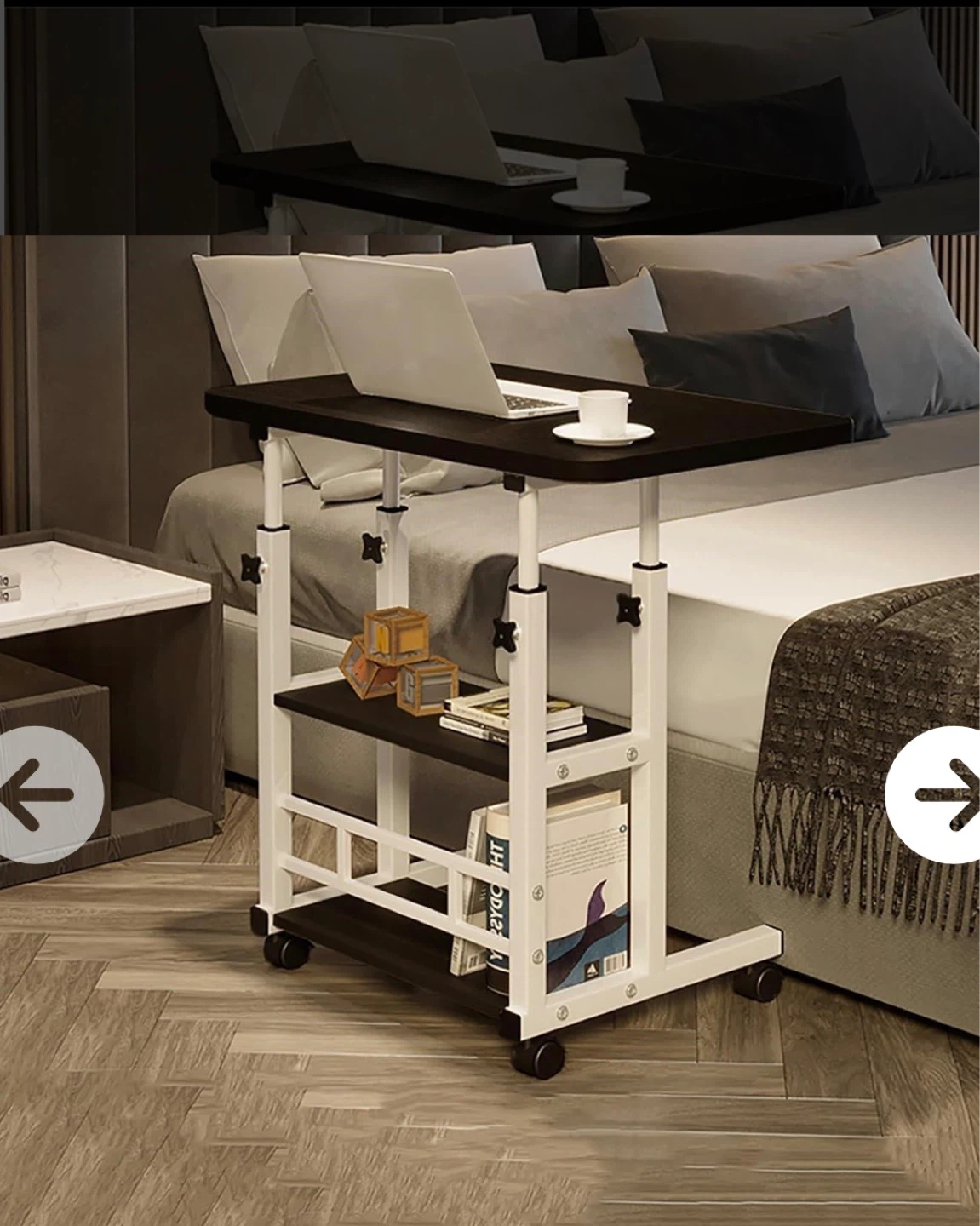 Adjustable Rolling Bedside Table with Shelves