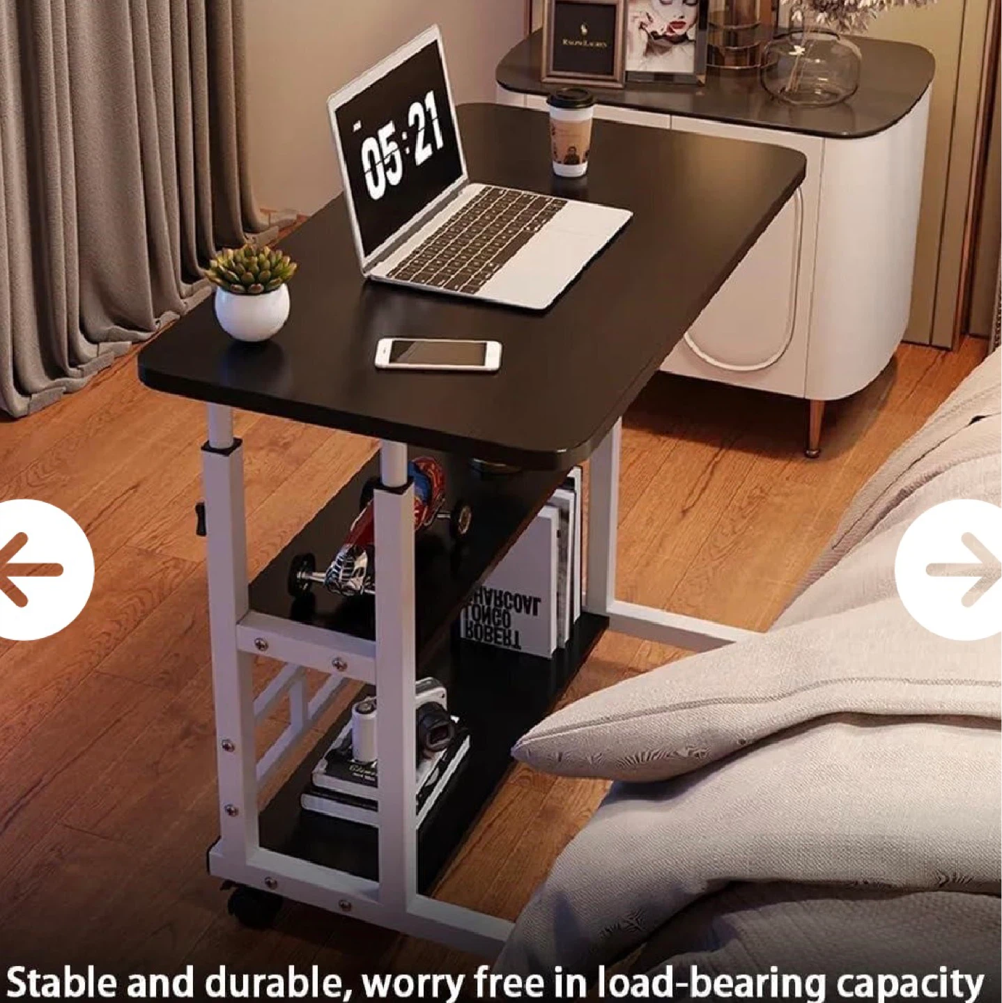 Adjustable Rolling Bedside Table with Shelves - photo 3
