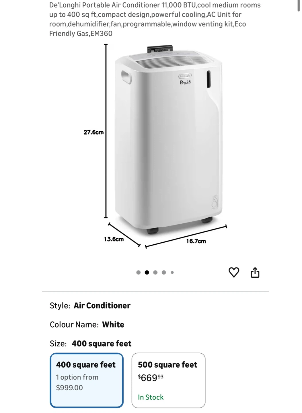 DeLonghi Pinguino Portable Air Conditioner EM360-6AL WH